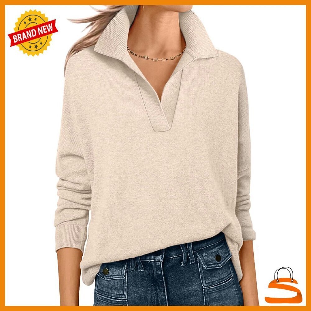 Long Sleeve V-Neck Polo Sweater Lightweight Knit Pullover Top